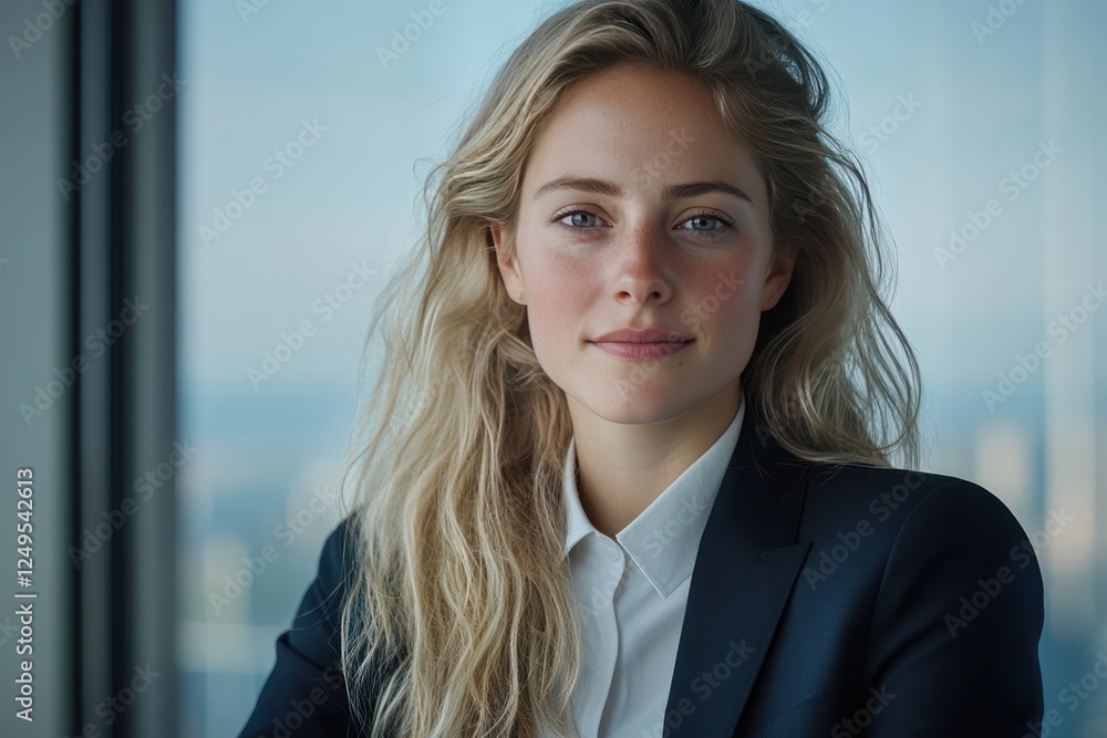 Confident Businesswoman Sitting by Window in Corporate Attire Confident Businesswoman Sitting by Window in Corporate Attire