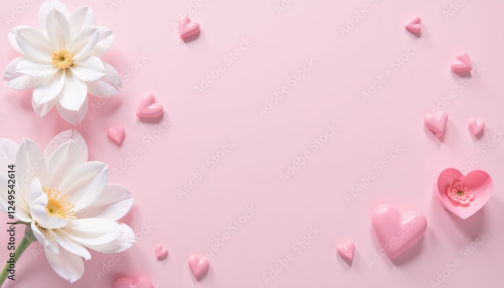 Romantic flat lay with white flowers and pink hearts, love Romantic flat lay with white flowers and pink hearts, love