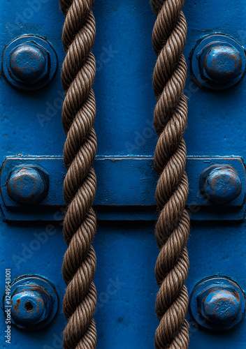 Close-Up of Twisted Industrial Steel Cables Attached to a Blue Metal Surface with Bolts - Strong and Durable Design

