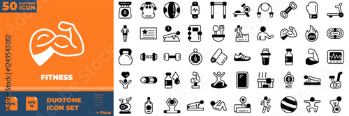 Fitness Duotone Editable Icons set. Vector illustration in modern thin duotone style of fitness icons: sport, gym, yoga, etc