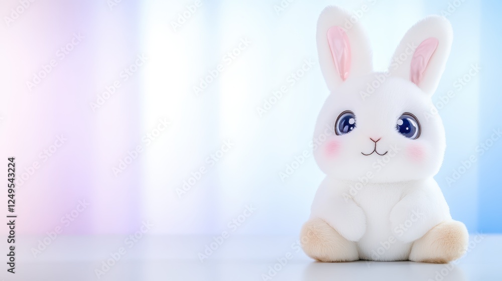 Obraz premium Sweet Bunny with Big Eyes: A fluffy white bunny with large, captivating blue eyes sits against a backdrop of soft, iridescent pastel colors, capturing the essence of innocent charm and wonder. 