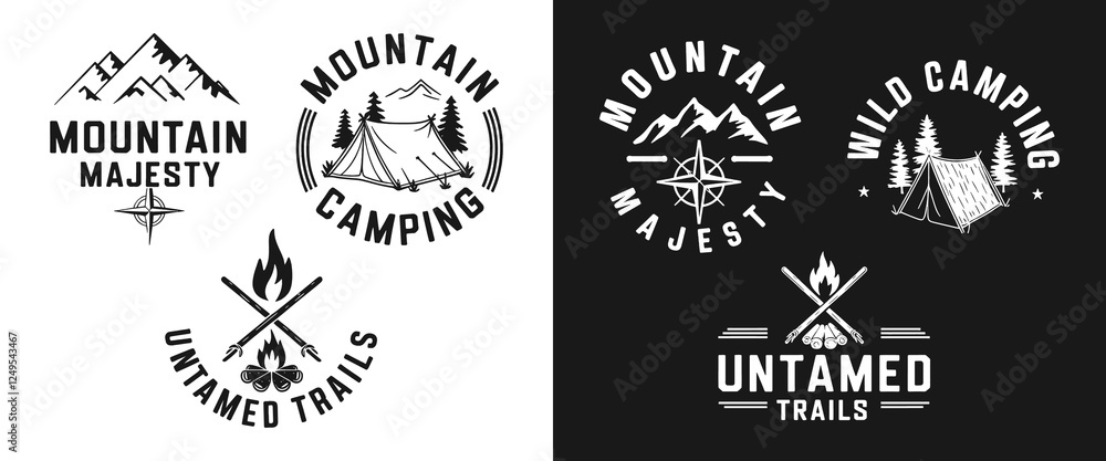 Fototapeta premium Adventurous T-Shirt Design Featuring 'Mountain Majesty,' 'Wild Camping,' and 'Untamed Trails' – Perfect for Outdoor Enthusiasts, Hikers, and Nature Lovers Ready to Explore!