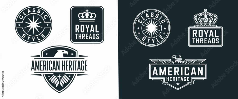 Obraz premium Stylish T-Shirt Design Featuring Classic American Themes: 'Classic Style,' 'Royal Threads,' and 'American Heritage' – Perfect for Those Who Celebrate Vintage and American Culture!
