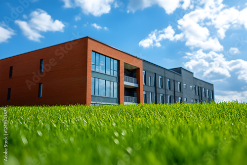 Contemporary School Building with Red Brick and Glass Exterior, Surrounded by Green Grass Under a Bright Blue Sky with Clouds

