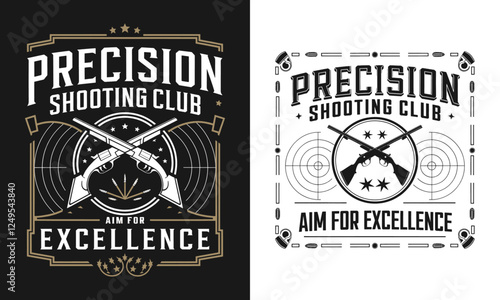 Dynamic T-Shirt Design Featuring 'Precision Shooting Club' with Classic Firearms – Perfect for Firearm Enthusiasts and Shooting Sports Fans Who Aim for Excellence in Style!