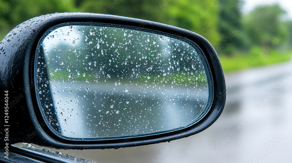 Raindrops cover a rearview mirror, reflecting a dramatic rainstorm. The windshield shows textured grey-blue raindrops, with a blurred, lush green background adding depth to the scene Raindrops cover a rearview mirror, reflecting a dramatic rainstorm. The windshield shows textured grey-blue raindrops, with a blurred, lush green background adding depth to the scene