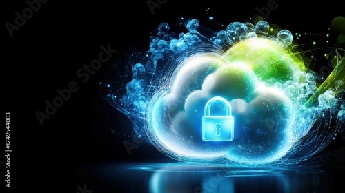Wallpaper Mural Secure Cloud Computing: A vibrant, abstract depiction of a cloud with a padlock, symbolizing data protection and secure cloud computing. Torontodigital.ca