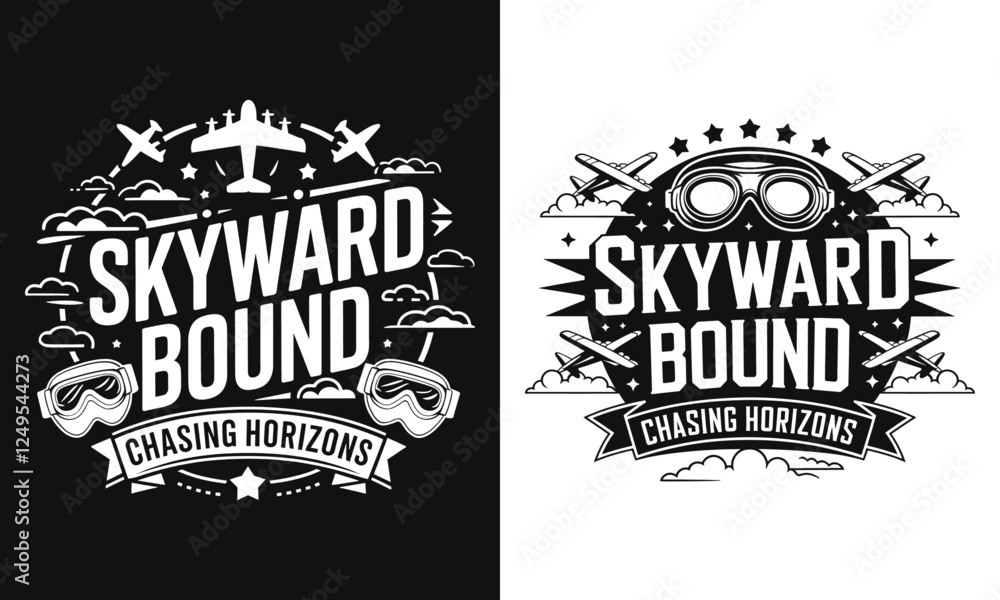 Fototapeta premium Reach New Heights with This 'Skyward Bound' T-Shirt Design Featuring Airplanes and Goggles – Perfect for Aviation Lovers and Adventure Seekers Chasing Horizons!