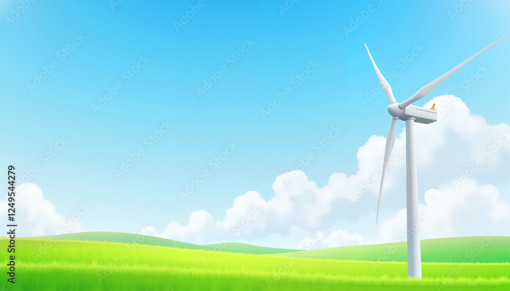 Wind turbine illustration in a grassy field with clear skies, renewable energy