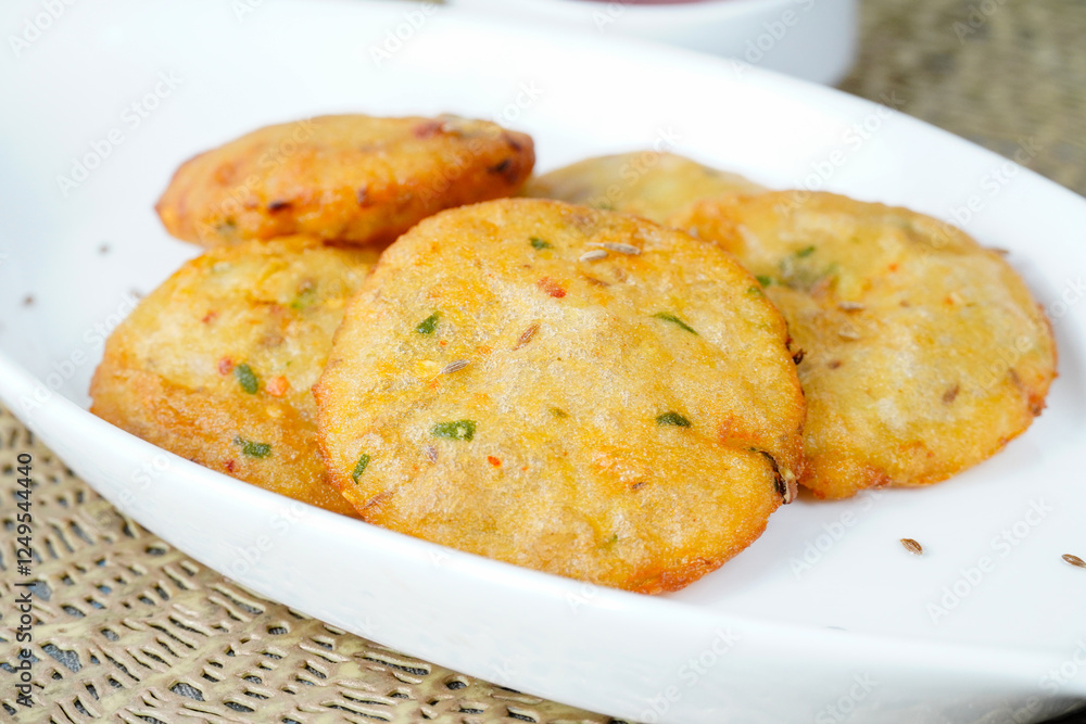 Aloo ki kachori, potato stuffed kachori with ketchup. Famous indian food Aloo ki kachori, potato stuffed kachori with ketchup. Famous indian food