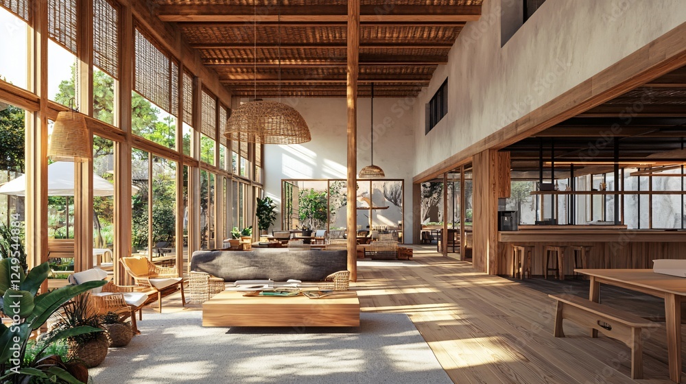 Serene Minimalist Living Space with Natural Light and Wooden Architecture Serene Minimalist Living Space with Natural Light and Wooden Architecture