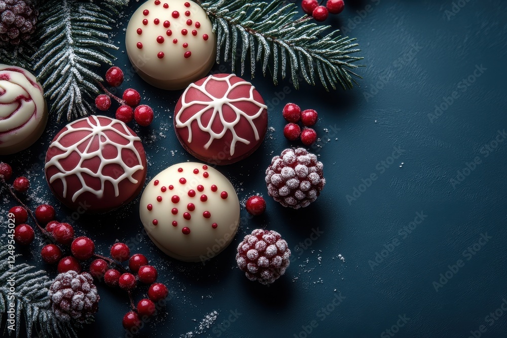 Festive treats arranged with holiday decorations and greenery. Festive treats arranged with holiday decorations and greenery.