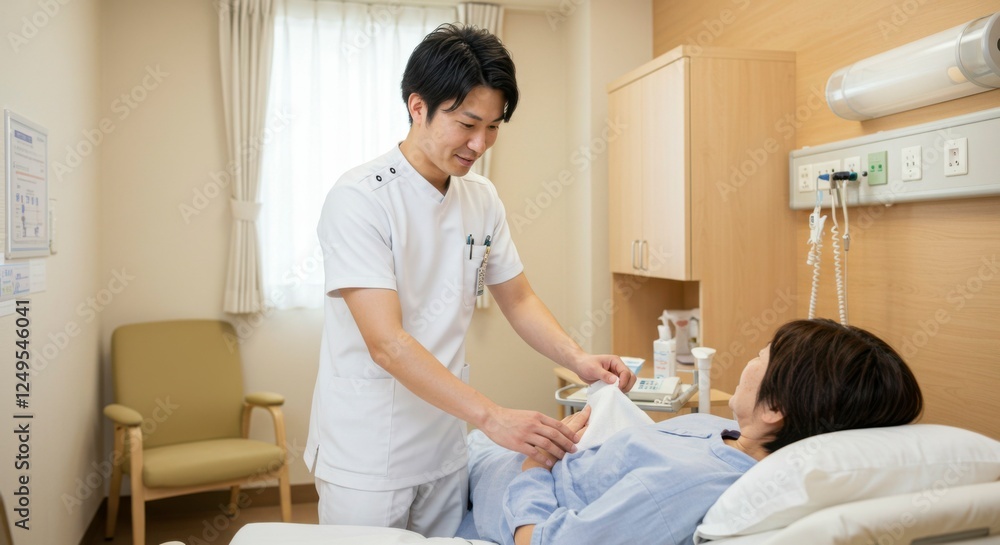 Nurse attending to a patient in a hospital room, providing care and comfort, with medical equipment nearby Nurse attending to a patient in a hospital room, providing care and comfort, with medical equipment nearby