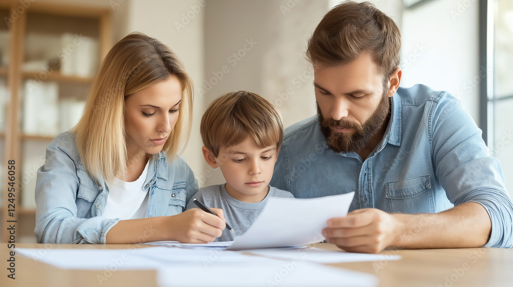 Family of three sits at a modern table, sorting through financial documents. The scene captures a cooperative approach to budgeting and financial planning in a bright, minimalist home setting Family of three sits at a modern table, sorting through financial documents. The scene captures a cooperative approach to budgeting and financial planning in a bright, minimalist home setting