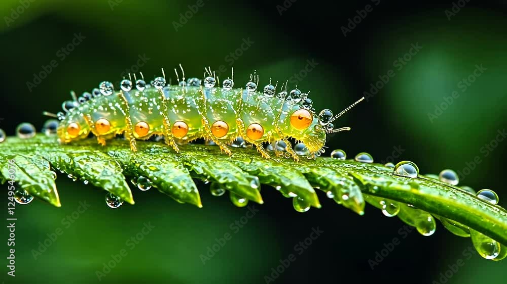 Close-up of a dew-covered caterpillar on a green leaf Close-up of a dew-covered caterpillar on a green leaf