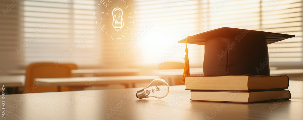 Graduation cap and books placed on a sleek desk, illuminated by a glowing lightbulb, symbolizing knowledge and innovation in an academic setting. Sunlight streams through window blinds Graduation cap and books placed on a sleek desk, illuminated by a glowing lightbulb, symbolizing knowledge and innovation in an academic setting. Sunlight streams through window blinds