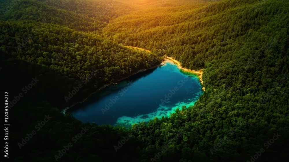 Fototapeta premium Exploring scenic serenity aerial view of tranquil lake surrounded by lush forests at sunset