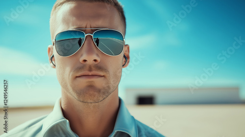 Security guard wearing sunglasses and an earpiece stands vigilantly near a modern industrial facility entrance. The wide-angle view emphasizes the minimalist architecture photo