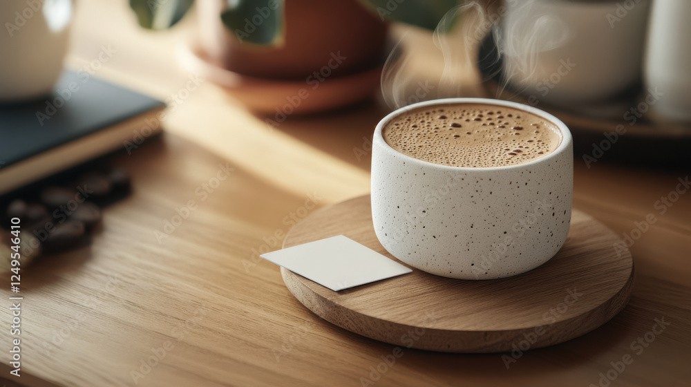 steaming cup of coffee on wooden coaster with blank card nearby steaming cup of coffee on wooden coaster with blank card nearby