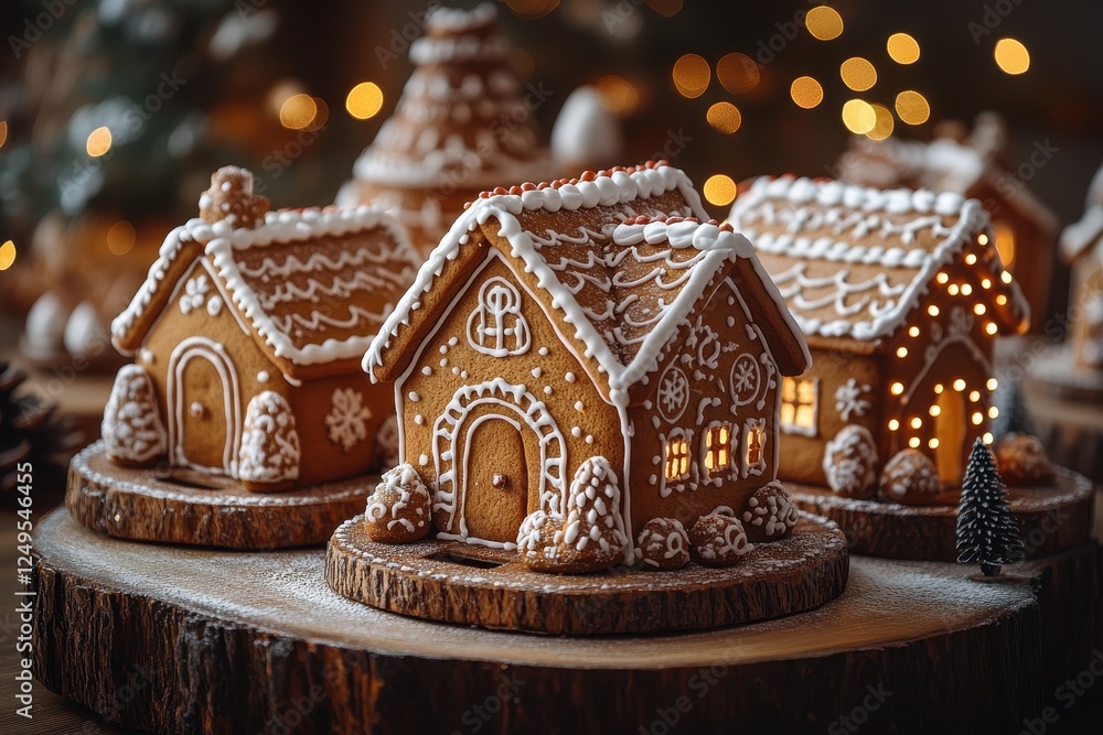 A festive display of intricately decorated gingerbread houses. A festive display of intricately decorated gingerbread houses.