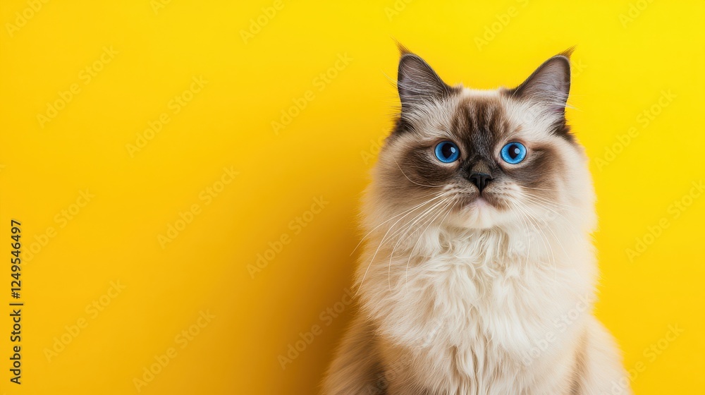 A fluffy cat with striking blue eyes sits against a vibrant yellow background, exuding charm and curiosity. A fluffy cat with striking blue eyes sits against a vibrant yellow background, exuding charm and curiosity.
