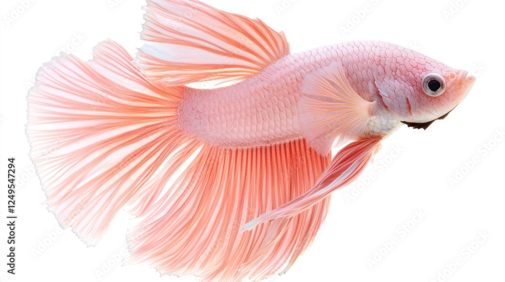 Fototapeta premium A pastel pink butterfly betta fish with soft translucent fins, gently floating against a white background.