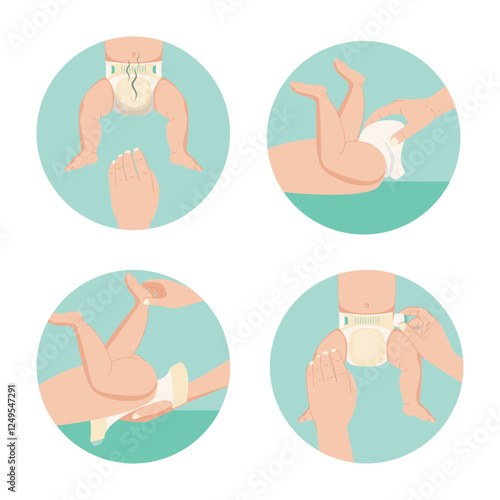 Cartoon Color Step Guide Changing Diapers Concept Flat Design Style. Vector illustration of Kids Absorbic Cotton Panties Usage Instructions