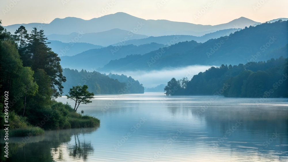 Fototapeta premium View of a tranquil lake surrounded by trees and misty mountains