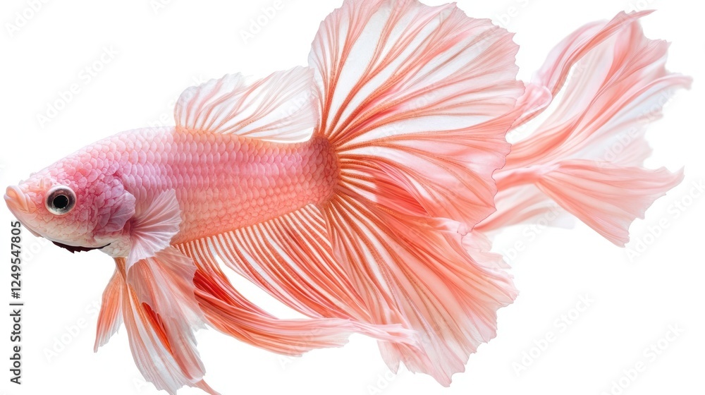 Fototapeta premium A pastel pink butterfly betta fish with soft translucent fins, gently floating against a white background.
