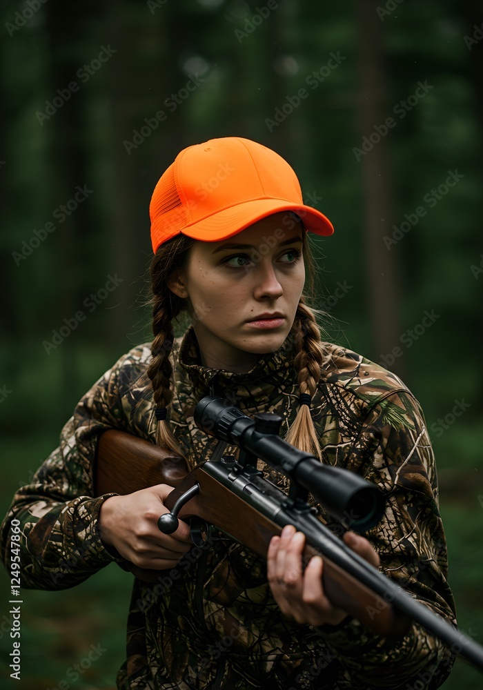 Fototapeta premium Woman hunter in forest with rifle. Female in camouflage and orange safety cap. Outdoor shooting sport. Wildlife conservation. Hunting season concept