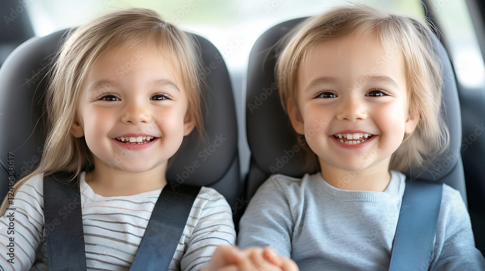 Two cheerful siblings are sitting securely in car seats, holding hands and smiling during a family road trip, enjoying the journey together Two cheerful siblings are sitting securely in car seats, holding hands and smiling during a family road trip, enjoying the journey together