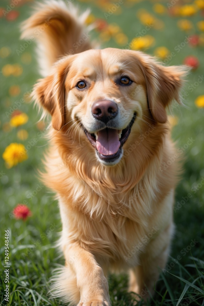 Happy golden retriever is running through a field of flowers Happy golden retriever is running through a field of flowers