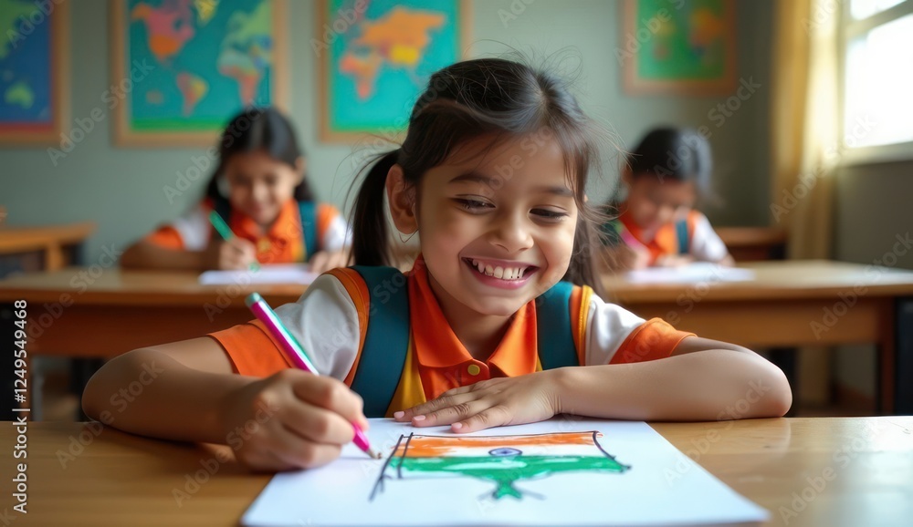 happy indian schoolgirl painting the tricolor flag happy indian schoolgirl painting the tricolor flag