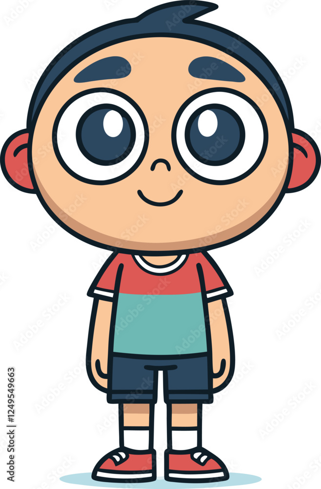 Cartoon character, big round eyes, curious expression, short black hair, red and teal t-shirt, dark shorts, simple sneakers, child-like proportions, flat colors, white background