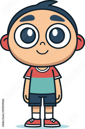 Wallpaper Mural Cartoon character, big round eyes, curious expression, short black hair, red and teal t-shirt, dark shorts, simple sneakers, child-like proportions, flat colors, white background Torontodigital.ca