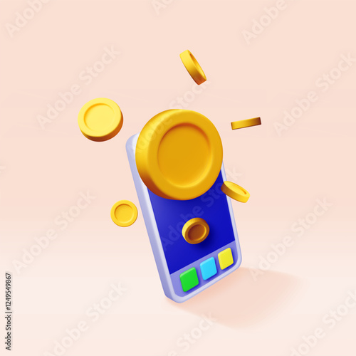 3D smartphone and money in air isolated. Render mobile phone with gold coin. Mobile online payment and transfer. Finance, investment, money saving. Internet casino. Vector illustration