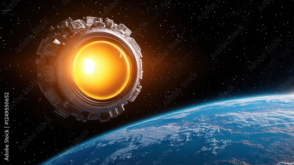 Fototapeta premium Futuristic Spacecraft Approaching Planet Earth in Cosmic Scene