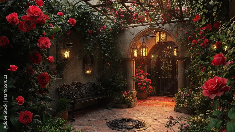 Fototapeta premium A beautiful garden with a bench and a door