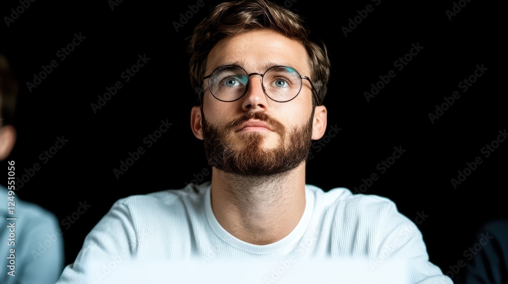 Obraz premium Young Man with Glasses Deep in Thought Against a Dark Background