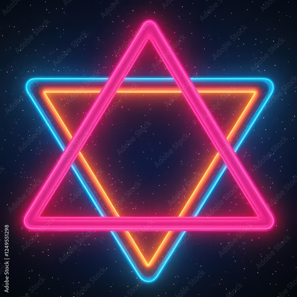 A vibrant neon star shape with overlapping triangles, set against a dark starry background, radiating a colorful glow. A vibrant neon star shape with overlapping triangles, set against a dark starry background, radiating a colorful glow.