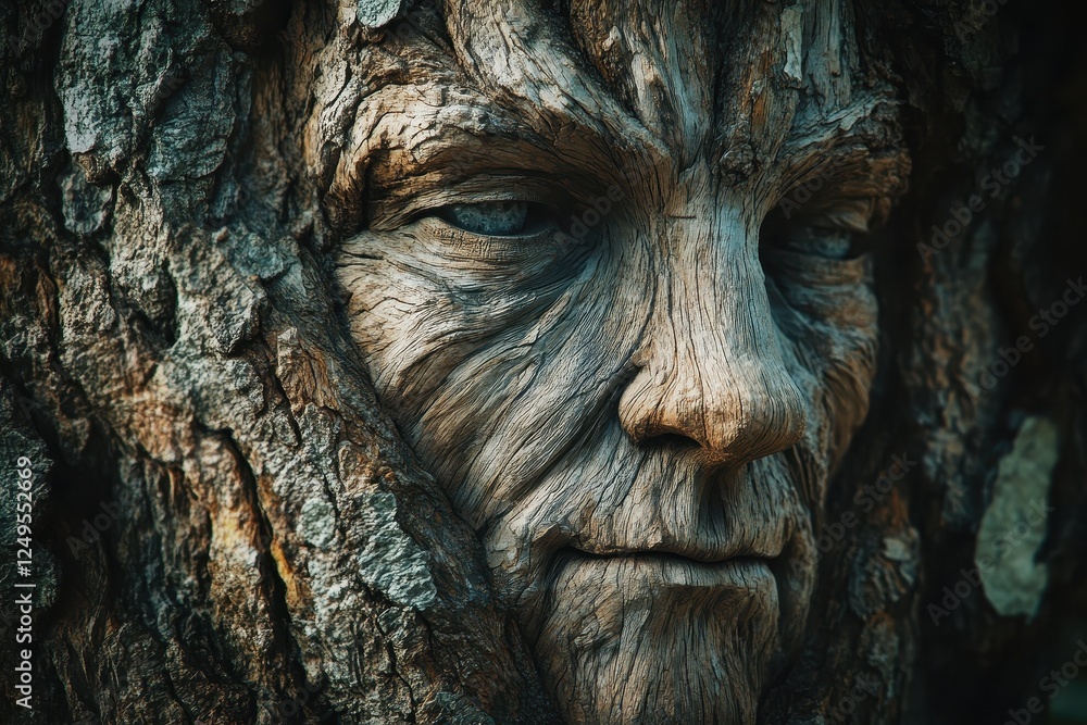 Face of an ancient being carved into a tree trunk