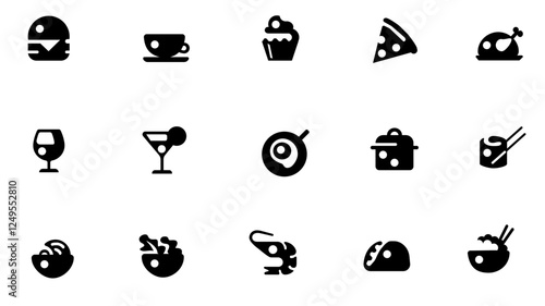 Food icons in linear style in monochrome representing culinary elements