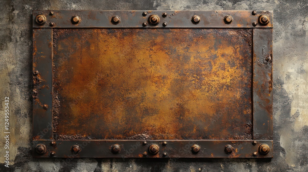 A rusted copper metal panel with prominent rivets, aged and distressed against a textured concrete backdrop. A rusted copper metal panel with prominent rivets, aged and distressed against a textured concrete backdrop.