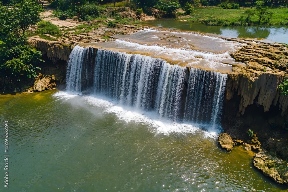Aerial view of cascading waterfall in lush green valley Aerial view of cascading waterfall in lush green valley