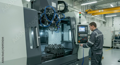 Worker operating advanced CNC machine in modern manufacturing facility with machinery in background