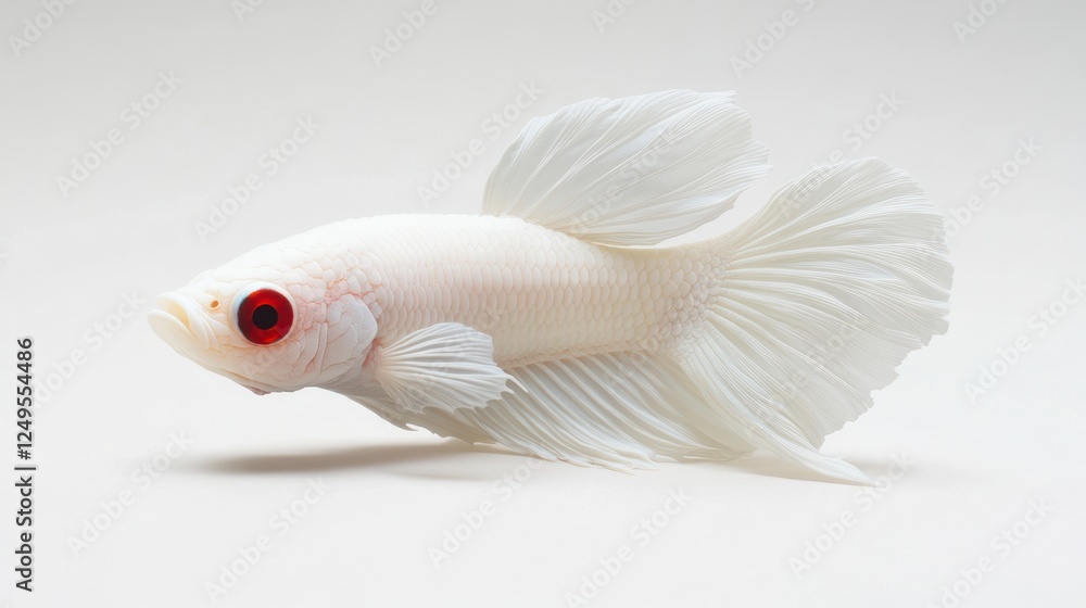 Fototapeta premium A snow-white albino betta fish with striking red eyes, perfectly still against a white background.