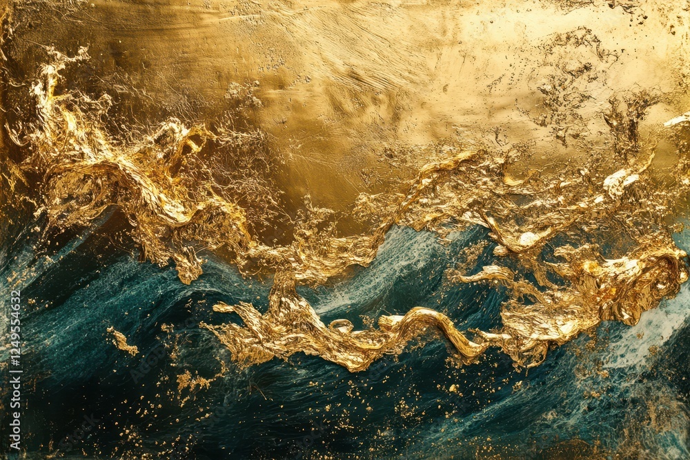 Naklejka premium Abstract painting featuring metallic gold textures with blue accents