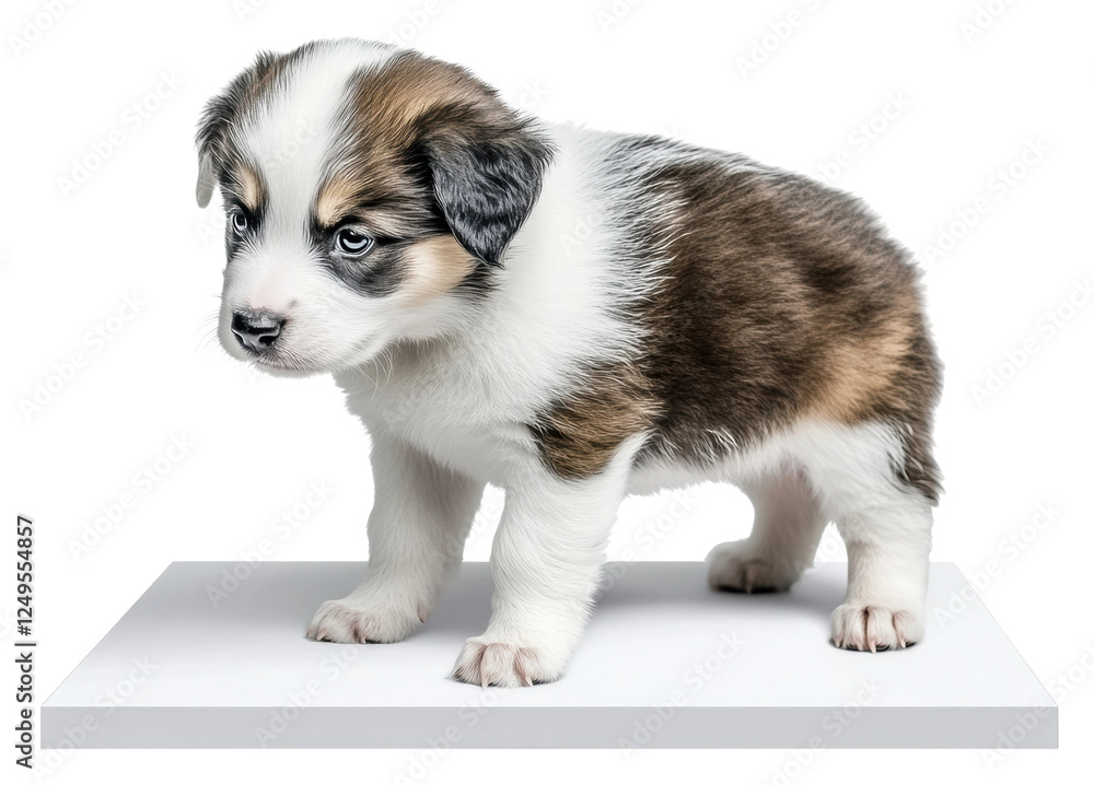 Cute puppy standing on a white surface with fur Cute puppy standing on a white surface with fur