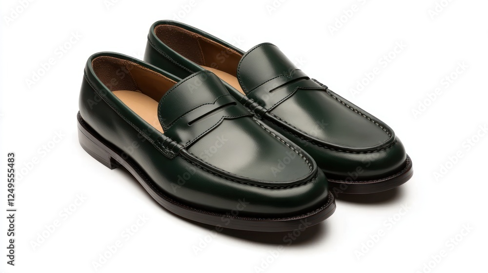stylish pair of dark green penny loafers made from premium leather, positioned symmetrically on a white background stylish pair of dark green penny loafers made from premium leather, positioned symmetrically on a white background