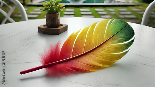 beautiful red yellow smooth feather on a table in the garden photo